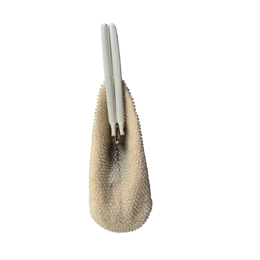 Vintage Cream Beaded Top Handle Evening Bag Mid Century Bridal Purse Off White - Picture 4 of 7